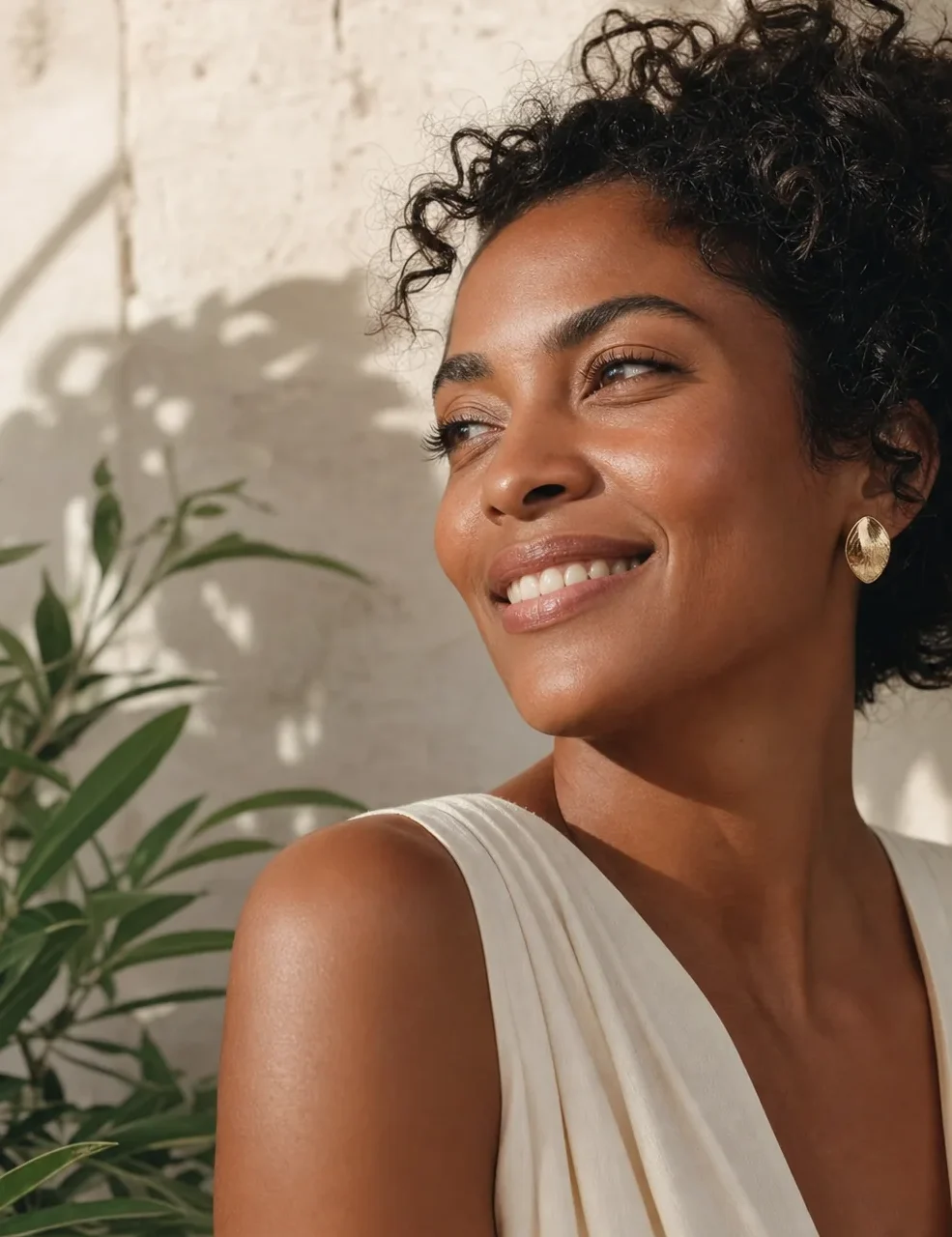 Mulher sorrindo em iluminação natural